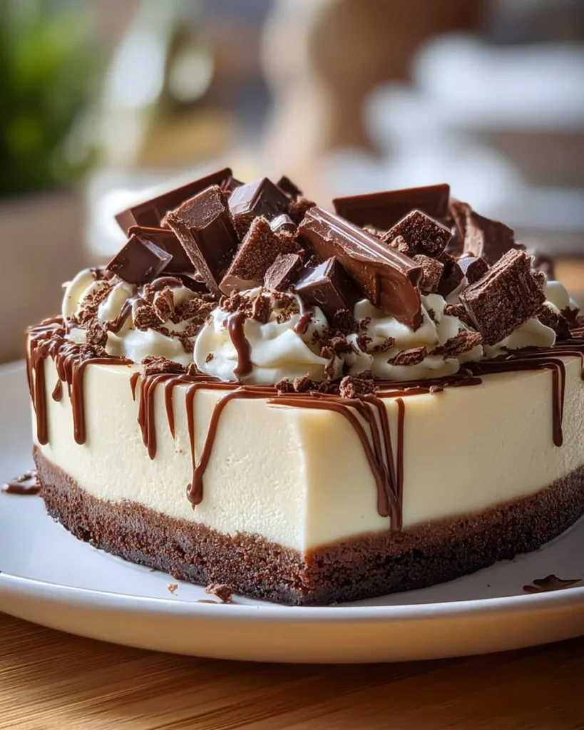 Slice of white chocolate ganache cheesecake topped with cream and white chocolate shavings
