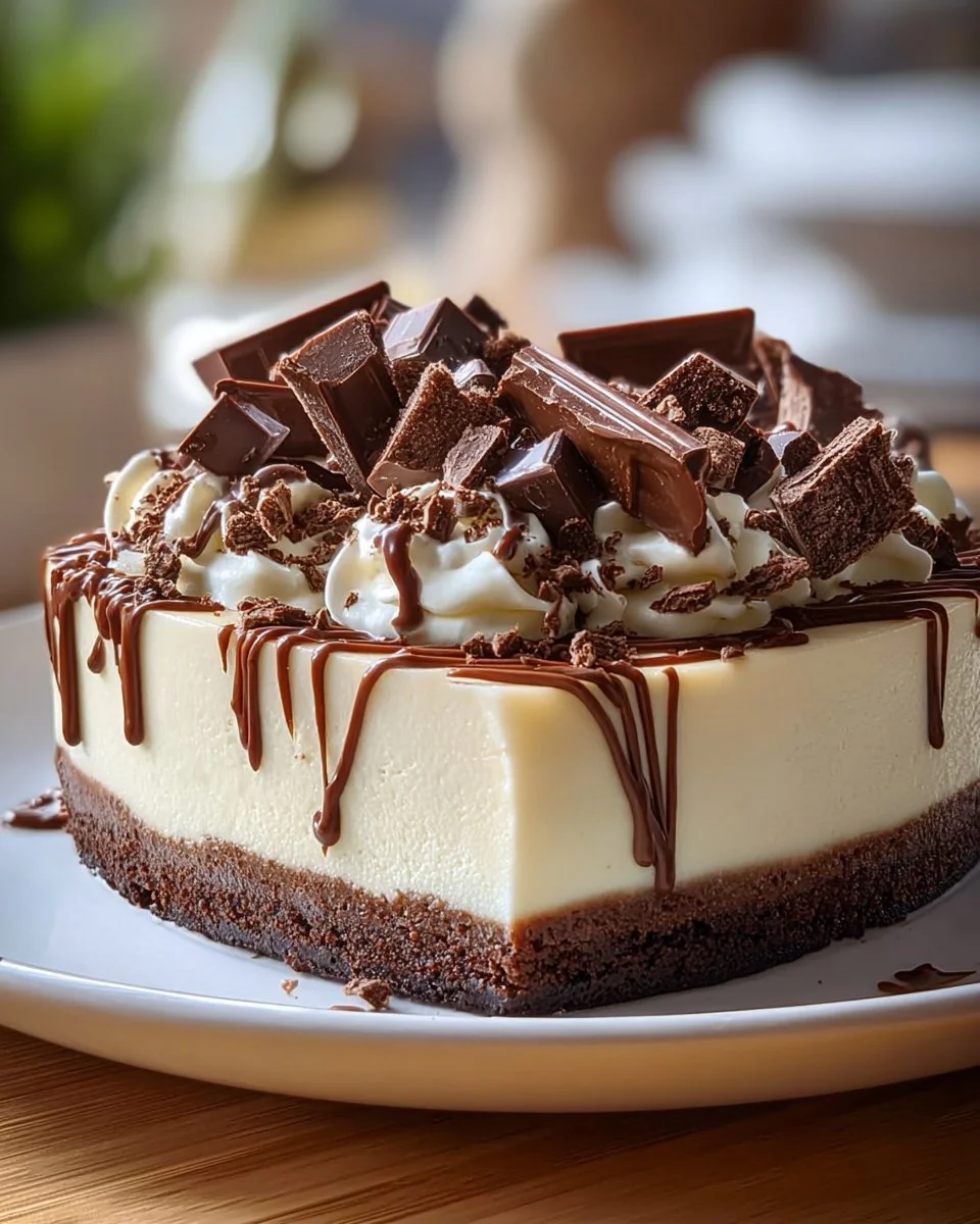 Slice of white chocolate ganache cheesecake topped with cream and white chocolate shavings