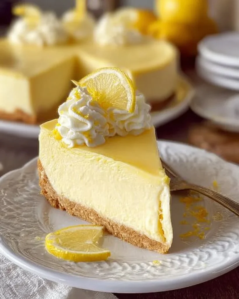 White Chocolate Lemon Curd Cheesecake topped with lemon slices and white chocolate shavings