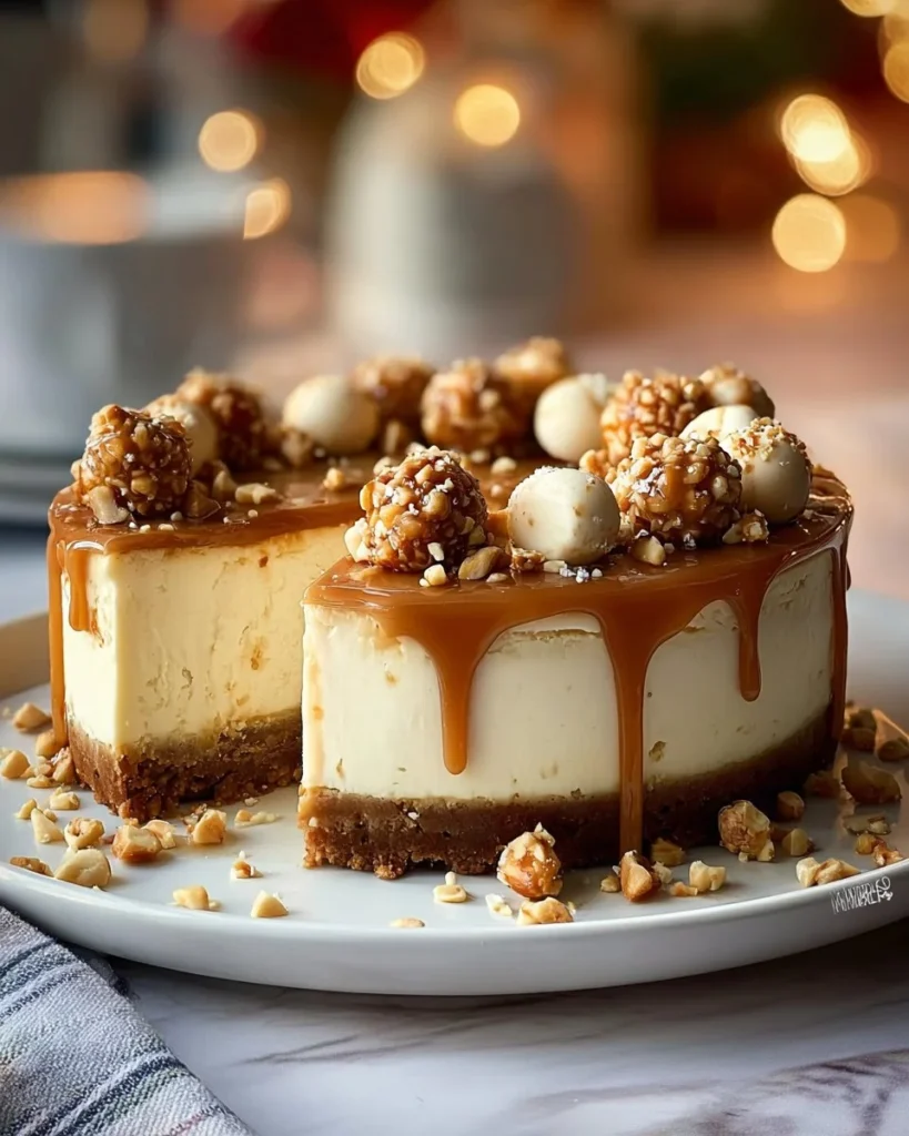 Delicious white chocolate macadamia nut cheesecake drizzled with caramel sauce