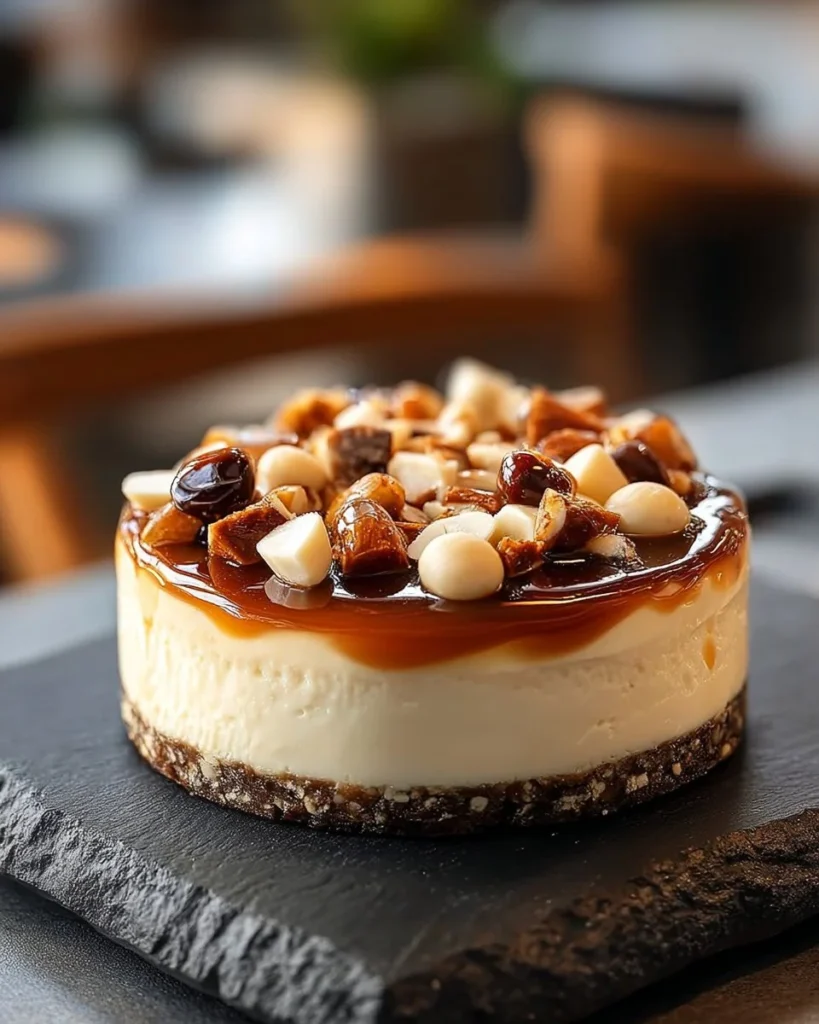Slice of White Chocolate Macadamia Nut Cheesecake drizzled with caramel sauce