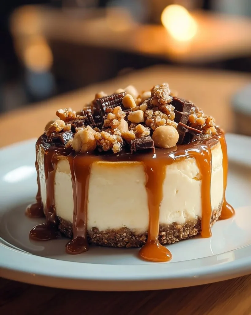 Delicious White Chocolate Macadamia Nut Cheesecake with Caramel drizzle