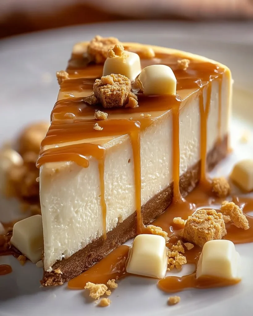 White Chocolate Macadamia Nut Cheesecake drizzled with caramel sauce