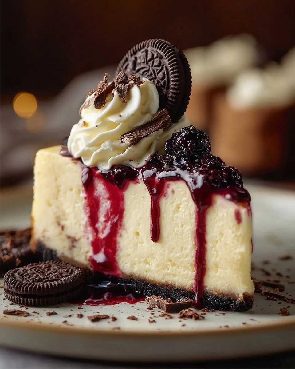 Delicious White Chocolate Oreo Cheesecake topped with Oreo crumbs