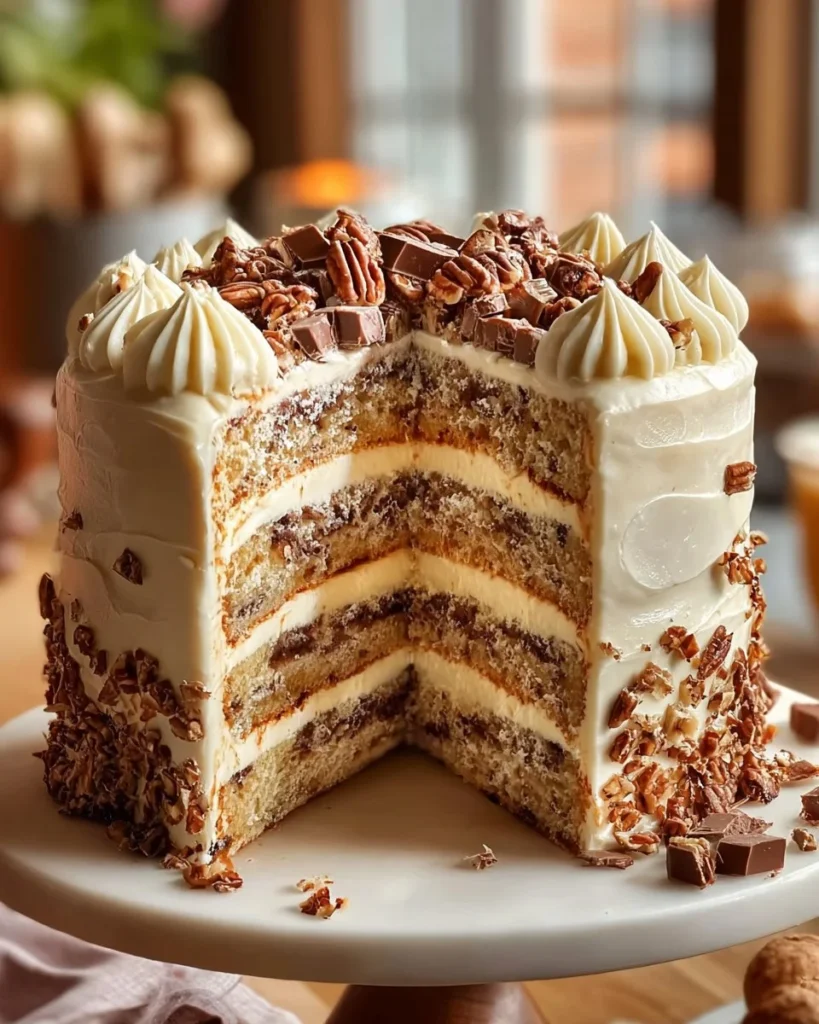 White Chocolate Pecan Layer Cake with layered frosting and pecans.