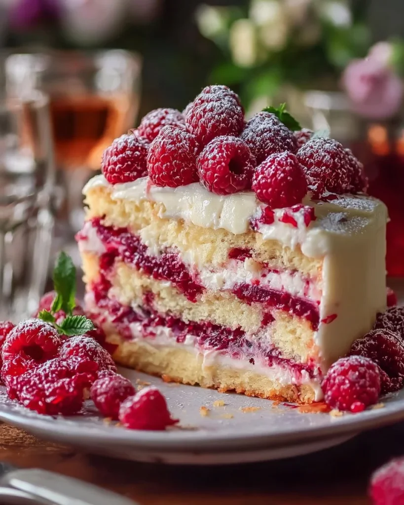 Delicious White Chocolate Raspberry Cake with fresh raspberries and creamy frosting