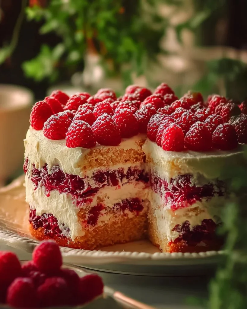 Slice of White Chocolate Raspberry Cake topped with fresh raspberries