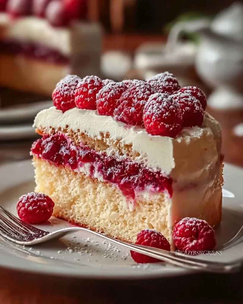 Delicious slice of white chocolate raspberry cake topped with fresh raspberries.