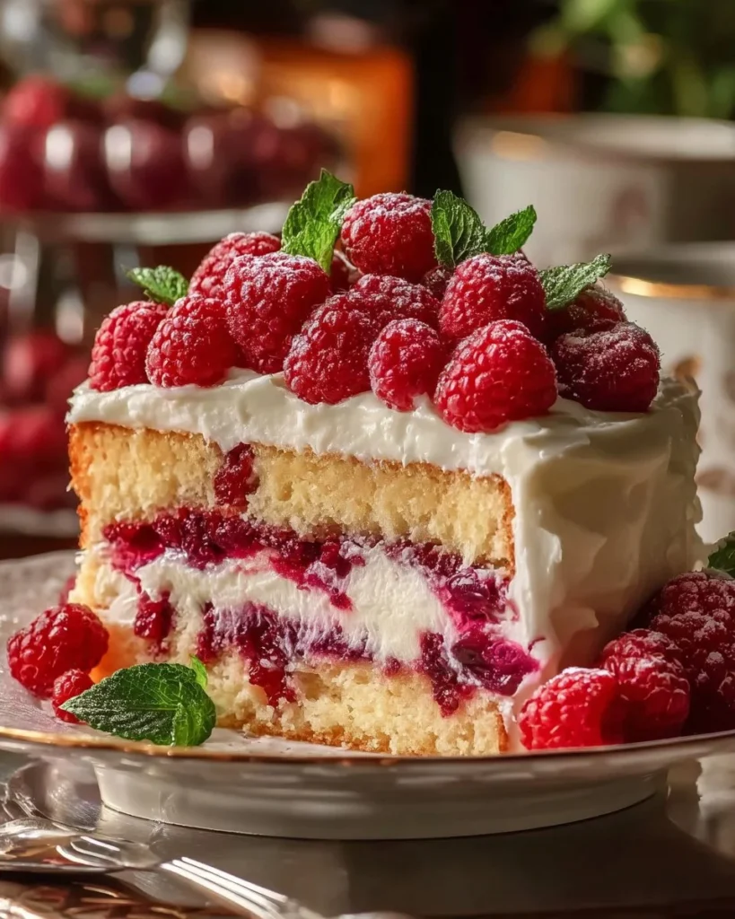 Delicious slice of White Chocolate Raspberry Cake with berry garnish.