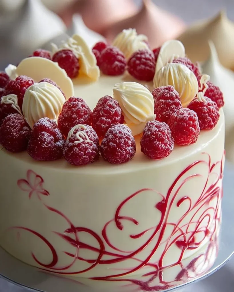 Slice of white chocolate raspberry cake topped with fresh raspberries.