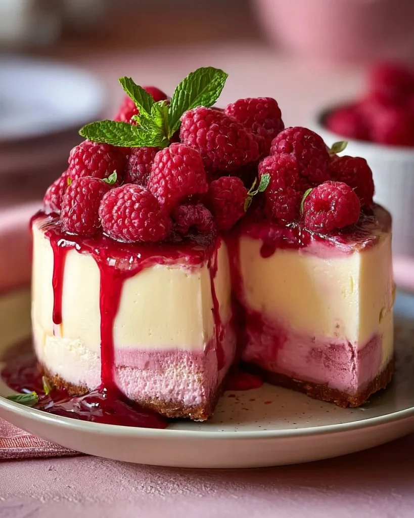 Delicious white chocolate raspberry cheesecake with a slice removed