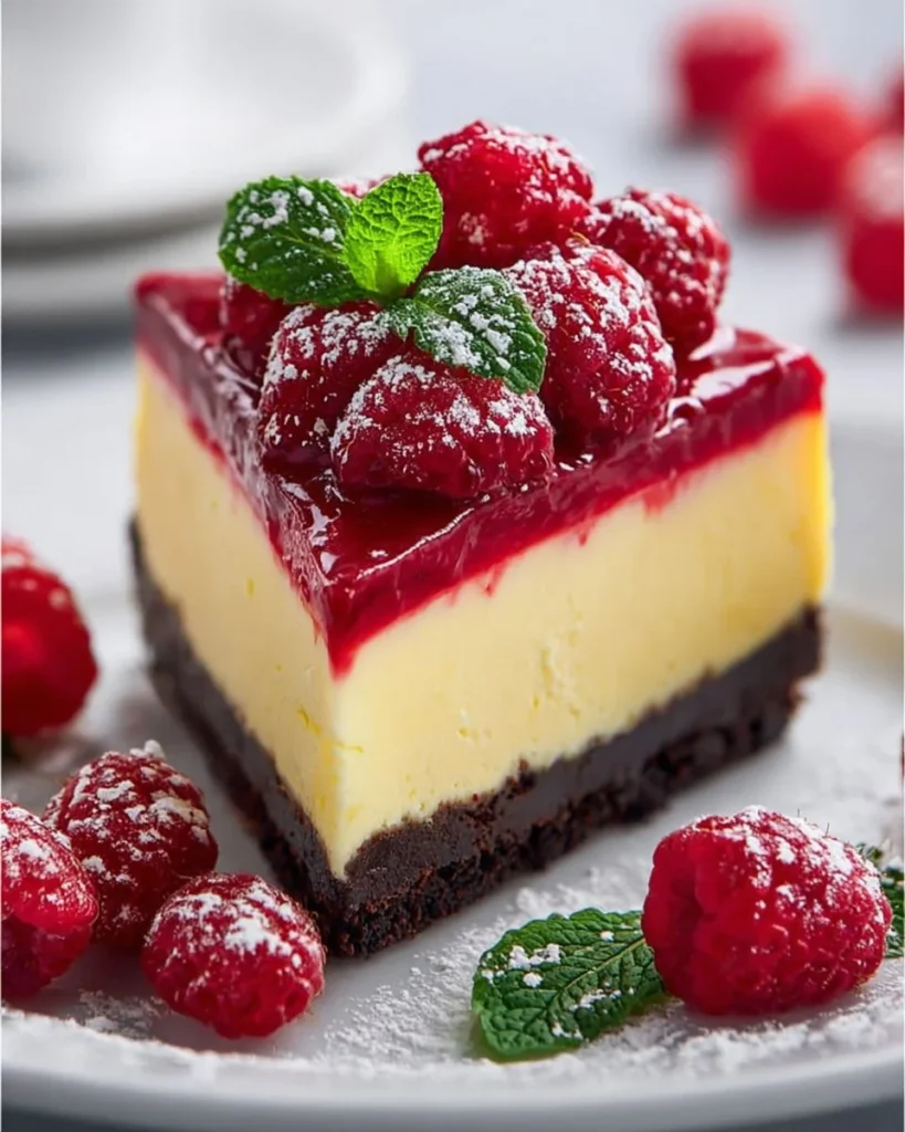 Slice of white chocolate raspberry cheesecake on a white plate with fresh raspberries