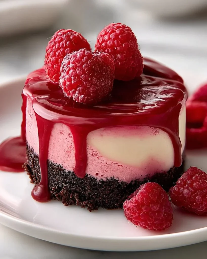 Slice of White Chocolate Raspberry Cheesecake topped with fresh raspberries