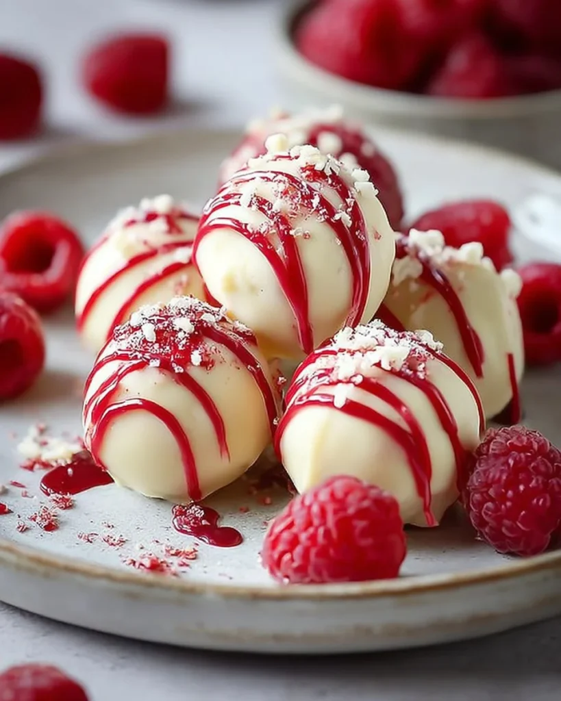 Delicious white chocolate raspberry cheesecake balls on a plate.
