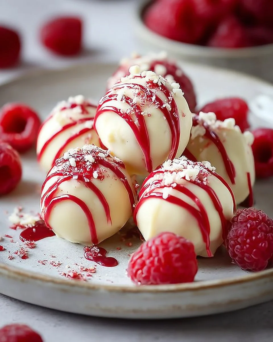 Delicious white chocolate raspberry cheesecake balls on a plate.