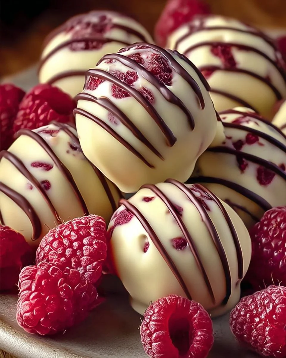 Delicious white chocolate raspberry cheesecake balls on a plate