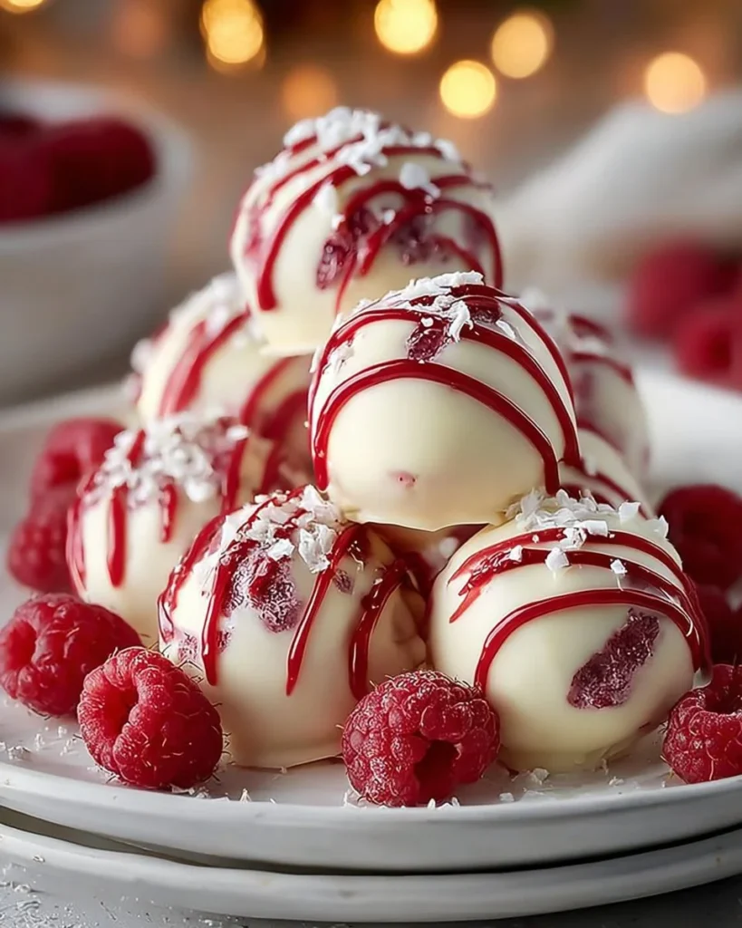Delicious white chocolate raspberry cheesecake balls on a plate.