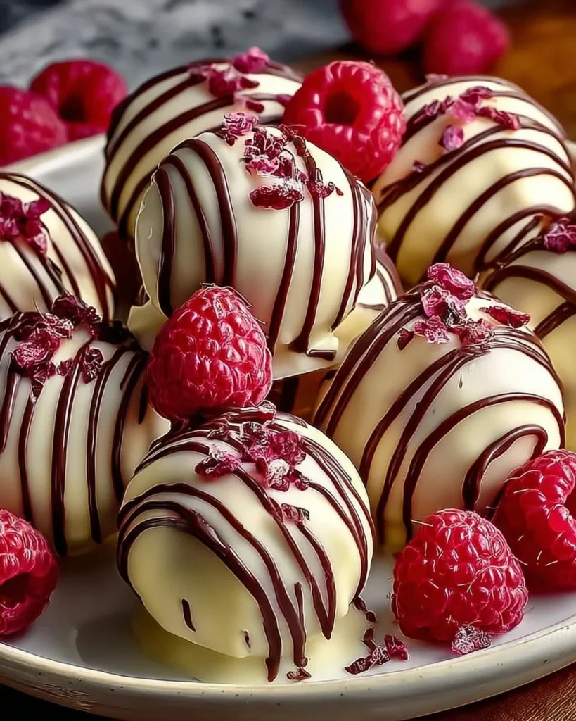 Delicious white chocolate raspberry cheesecake balls, a perfect sweet treat.