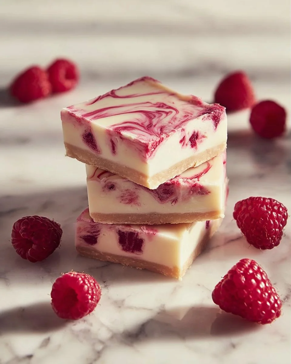 Delicious white chocolate raspberry cheesecake bars displayed on a platter.