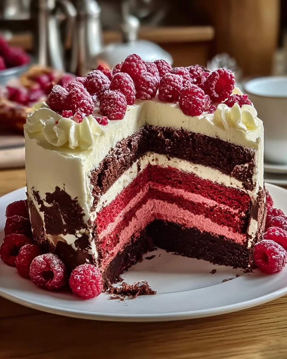 White Chocolate Raspberry Dream Cake topped with fresh raspberries and white chocolate shavings.