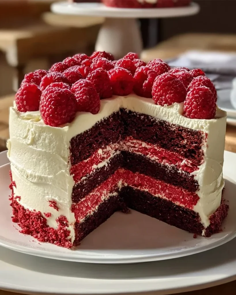 White Chocolate Raspberry Cake with creamy frosting and fresh raspberries on top.