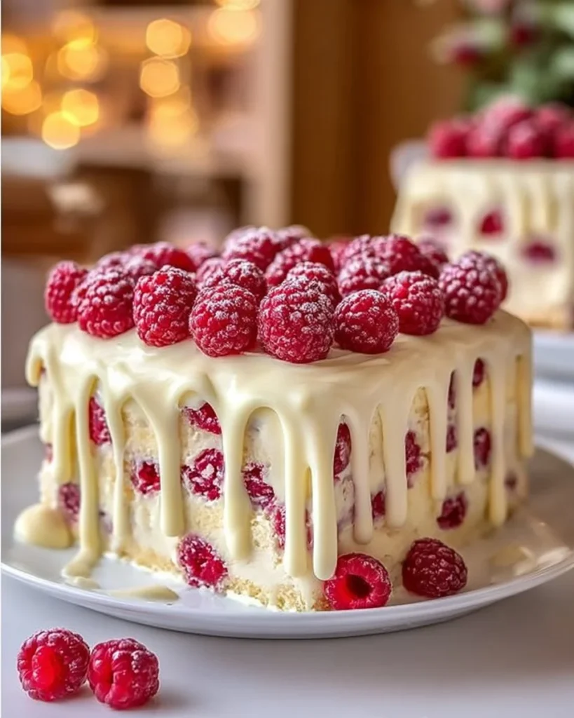Slice of White Chocolate Raspberry Poke Cake topped with fresh raspberries