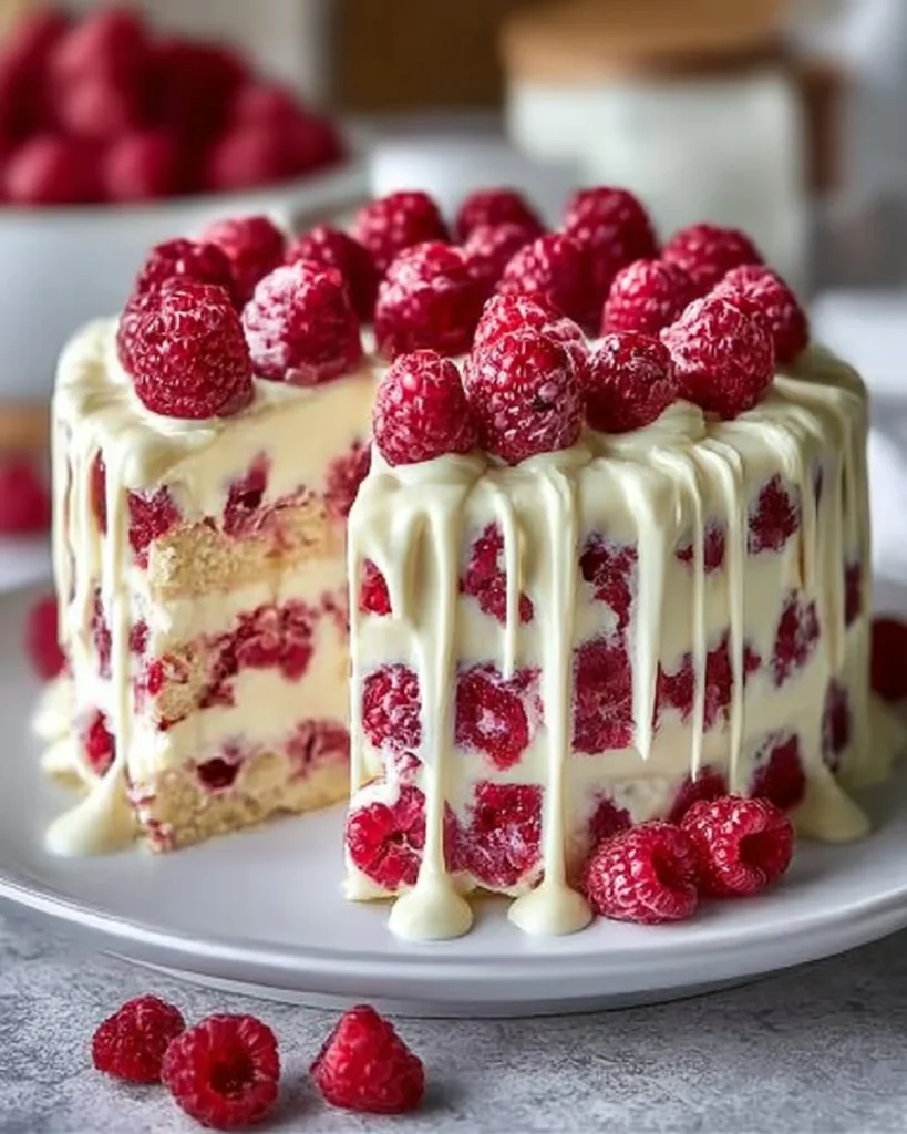 Delicious White Chocolate Raspberry Poke Cake with vibrant raspberry and cream