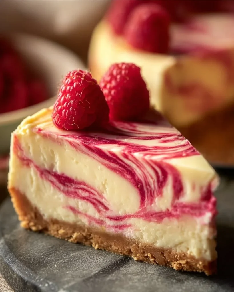 Sliced white chocolate raspberry swirl cheesecake on a plate with fresh raspberries