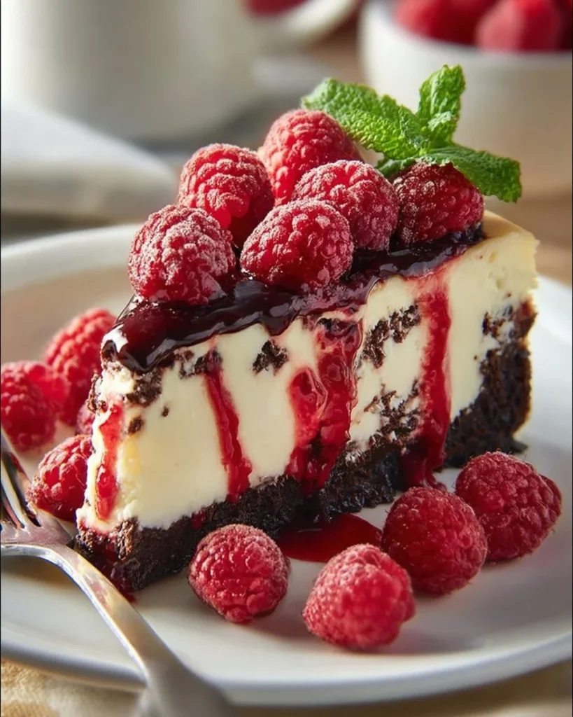 Delicious white chocolate raspberry truffle no-bake cheesecake slice on a plate