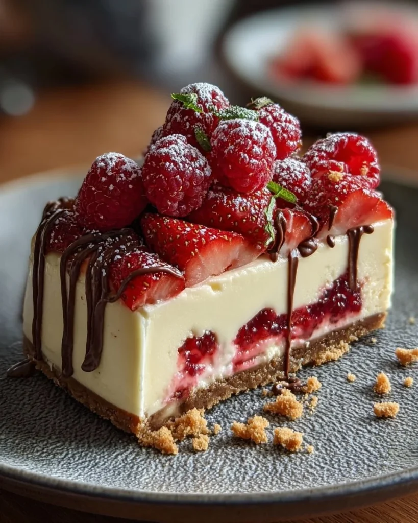 Delicious white chocolate and strawberry cheesecake slice on a plate