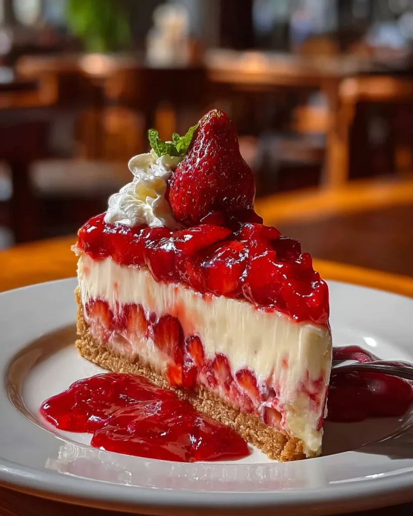 Delicious white chocolate cheesecake topped with fresh strawberries on a white plate