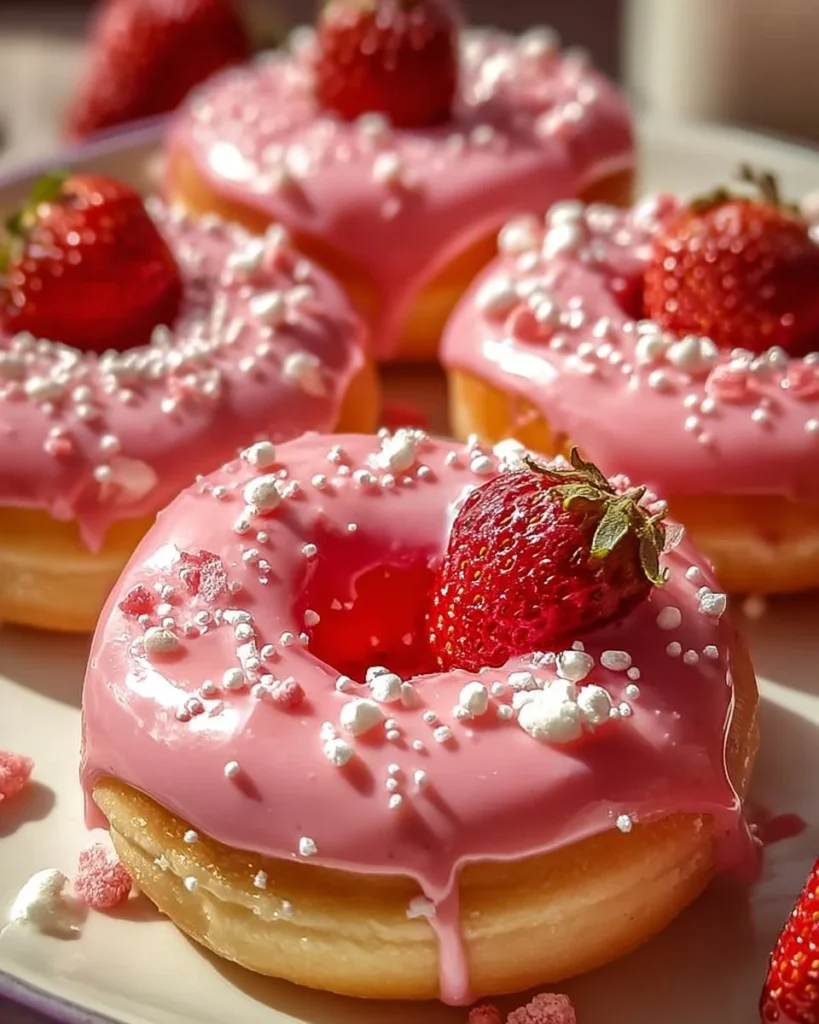 Delicious white chocolate strawberry cream donuts, topped with fresh strawberries.