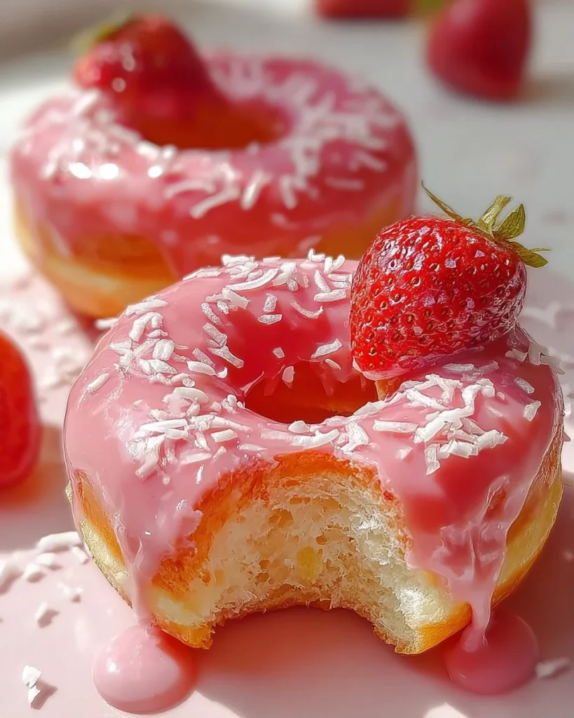 White Chocolate Strawberry Cream Donuts topped with fresh strawberries and chocolate