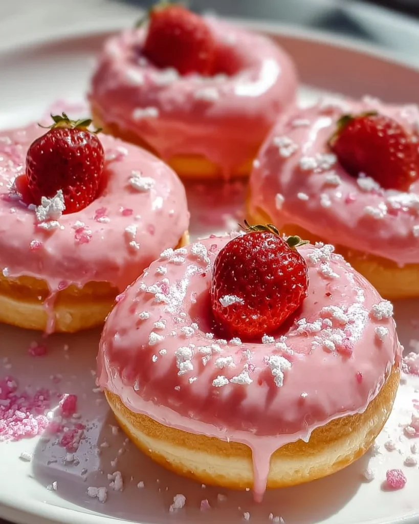 Delicious white chocolate strawberry cream donuts topped with fresh strawberries.