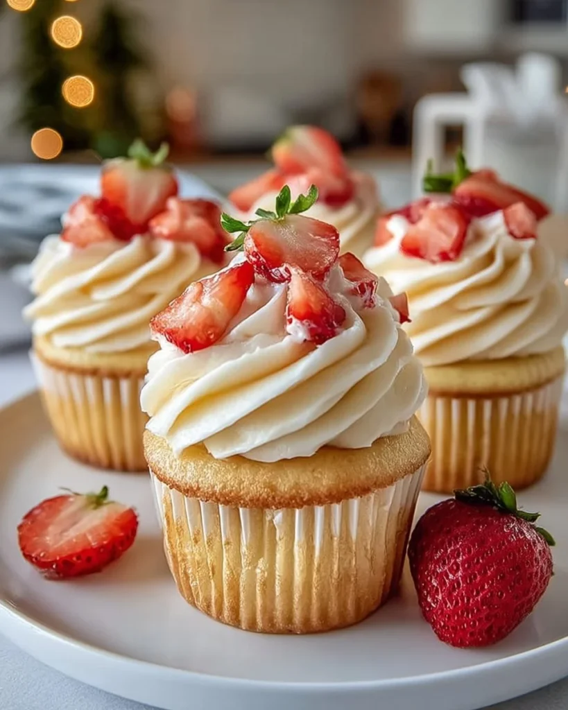 White chocolate strawberry cupcakes topped with fresh strawberries and frosting.