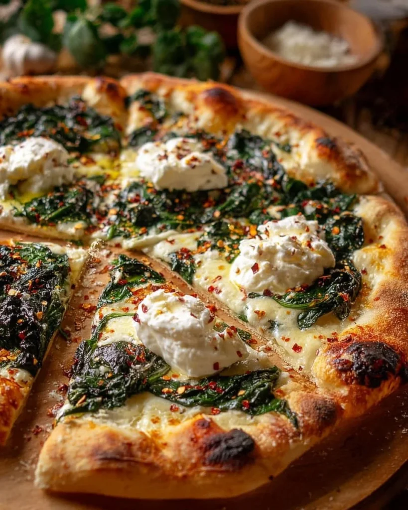 White pizza topped with ricotta and mozzarella cheese