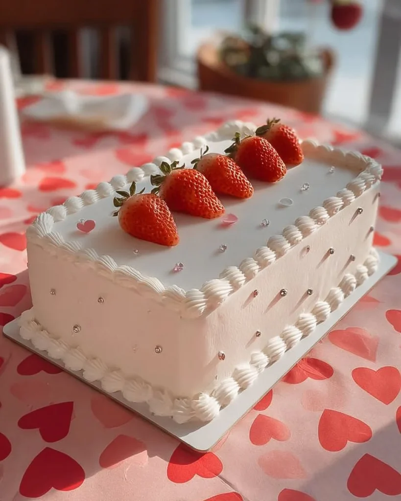 Delicious white strawberry cake decorated with fresh strawberries on a plate.