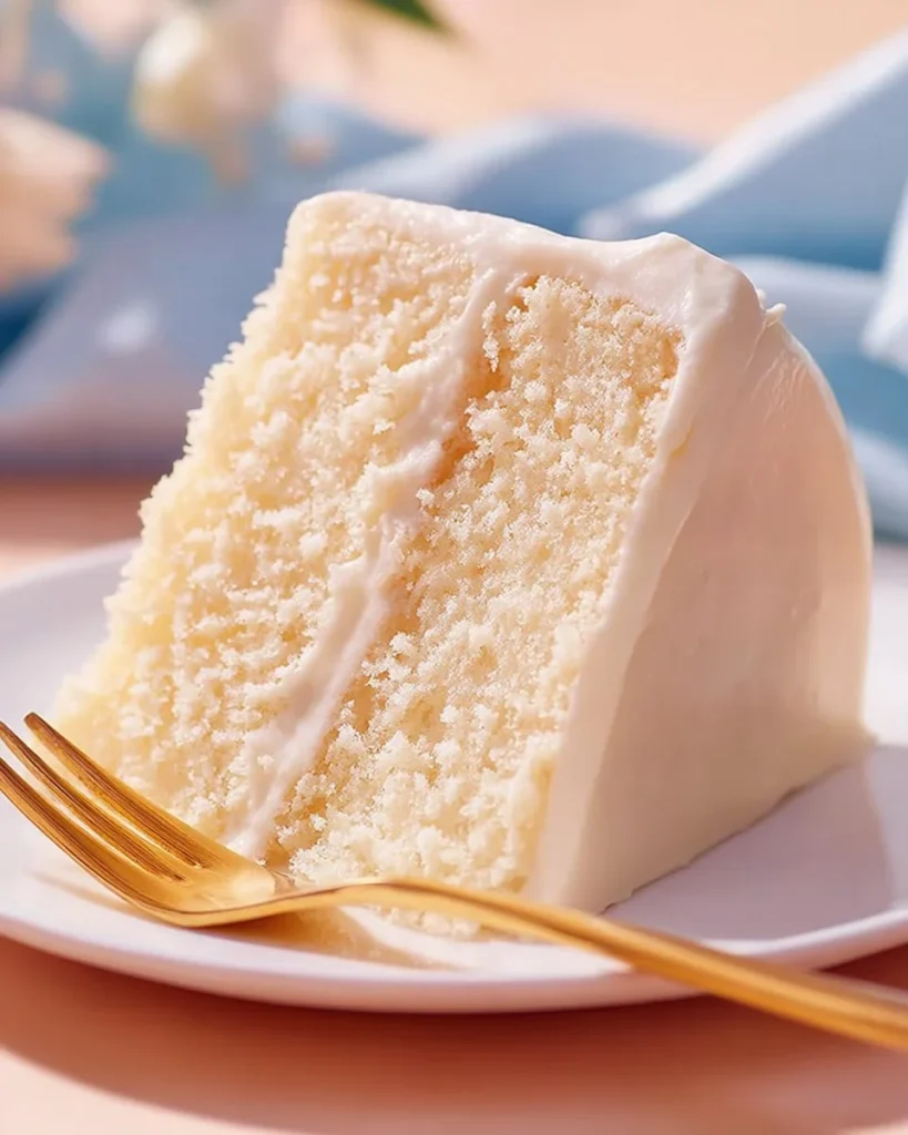 Delicious slice of white velvet cake with cream frosting on a plate