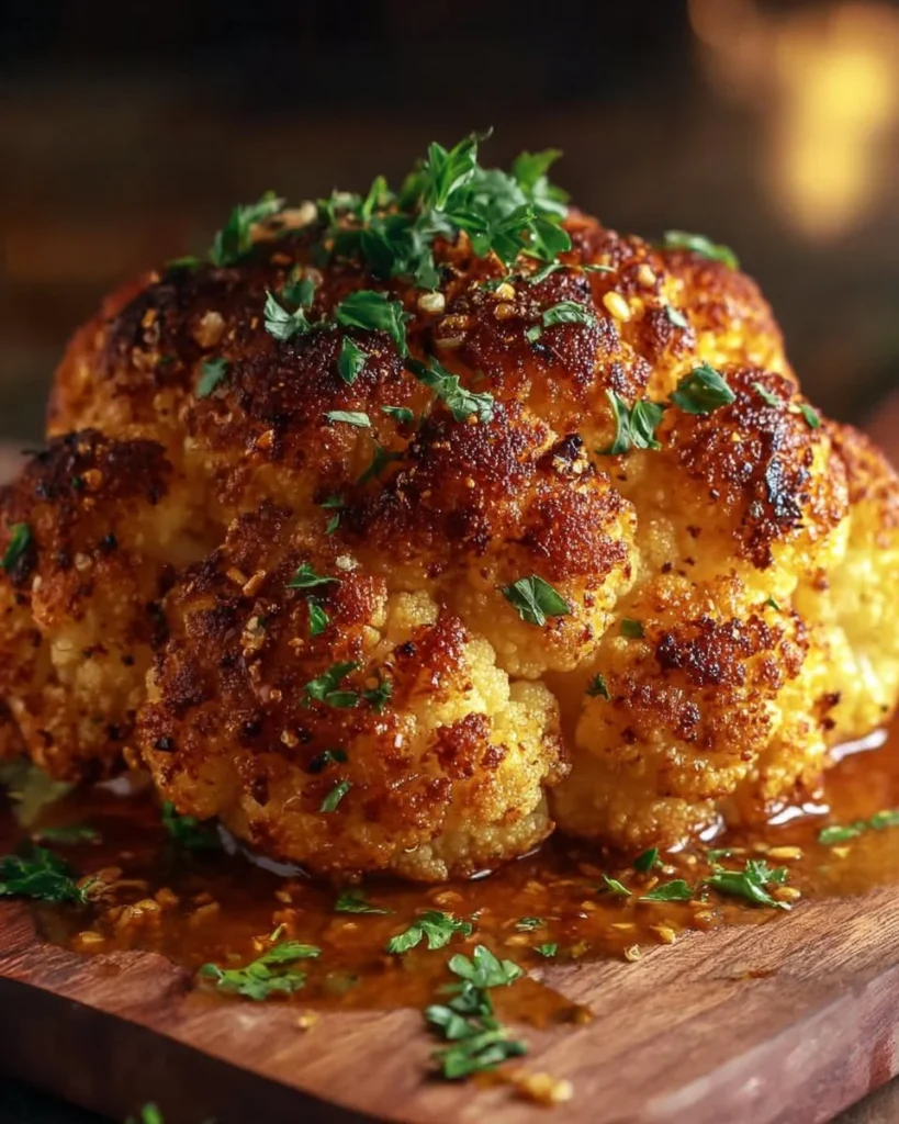 Whole roasted cauliflower cooked in an air fryer, golden and crispy.