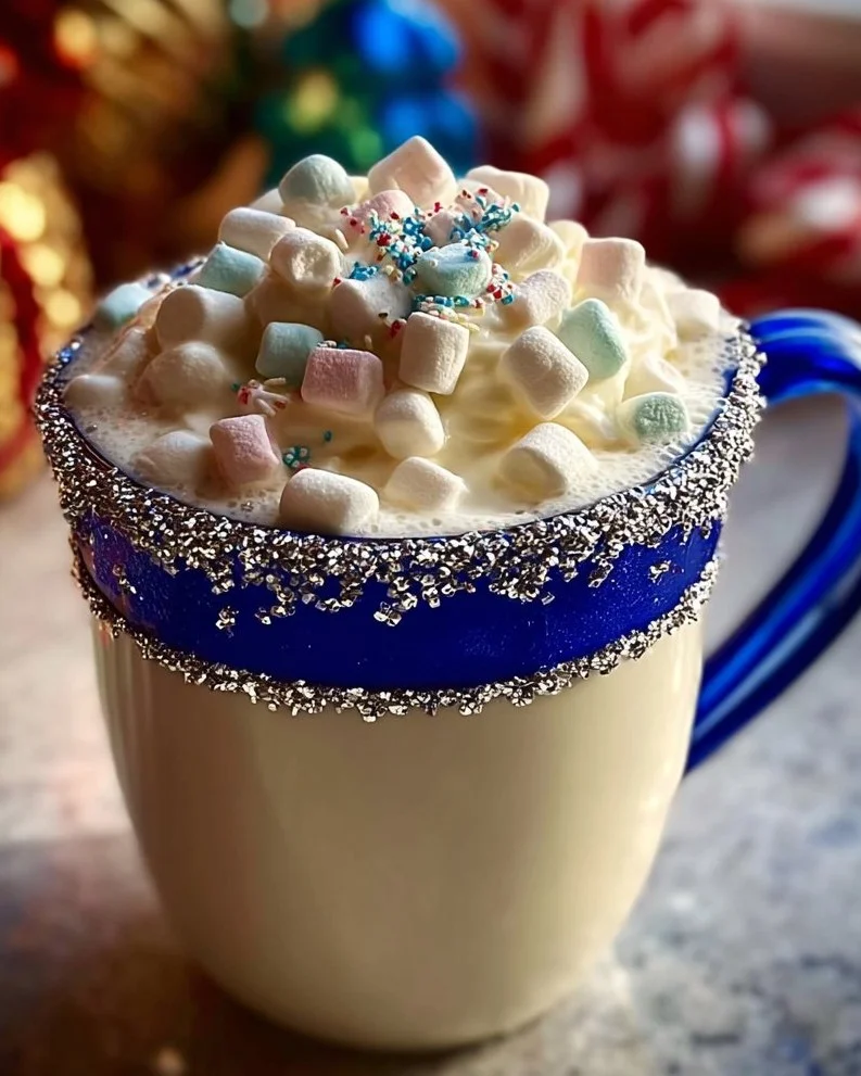 Creamy white hot chocolate topped with marshmallows in a winter setting.