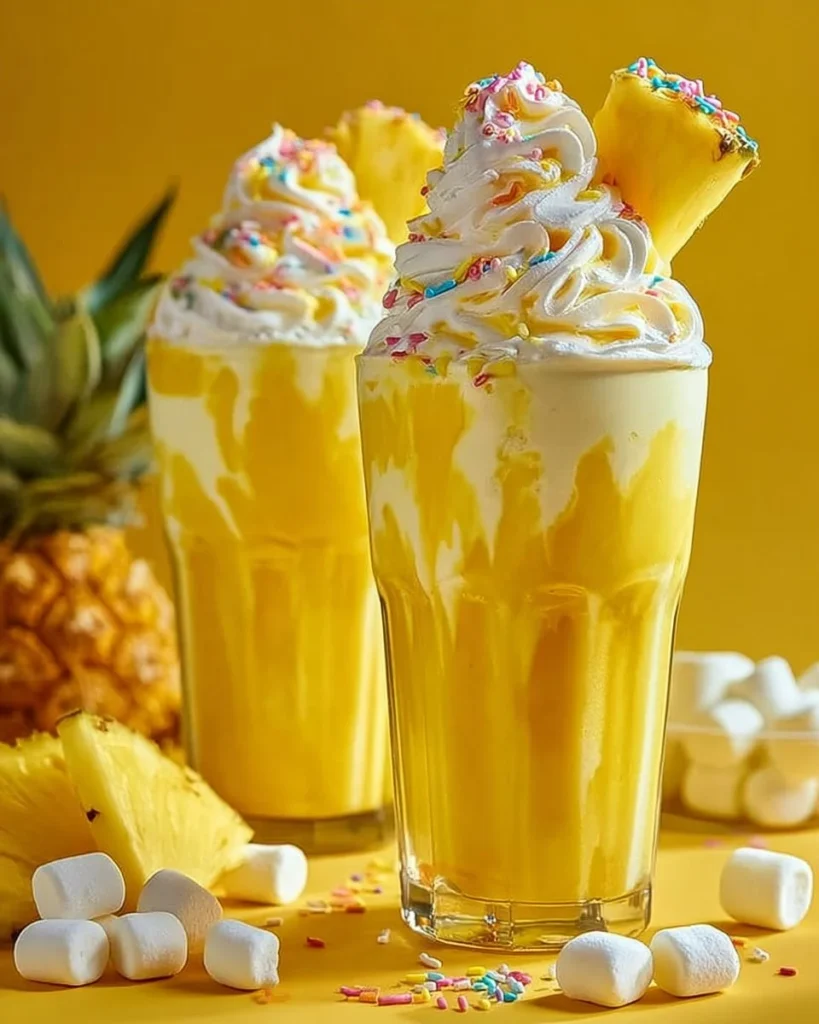 Delicious yellow freakshake topped with whipped cream and sprinkles