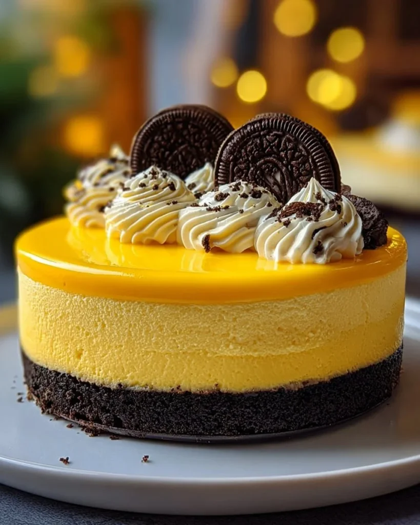 Delicious yellow velvet Oreo cheesecake topped with crushed Oreos and cream.