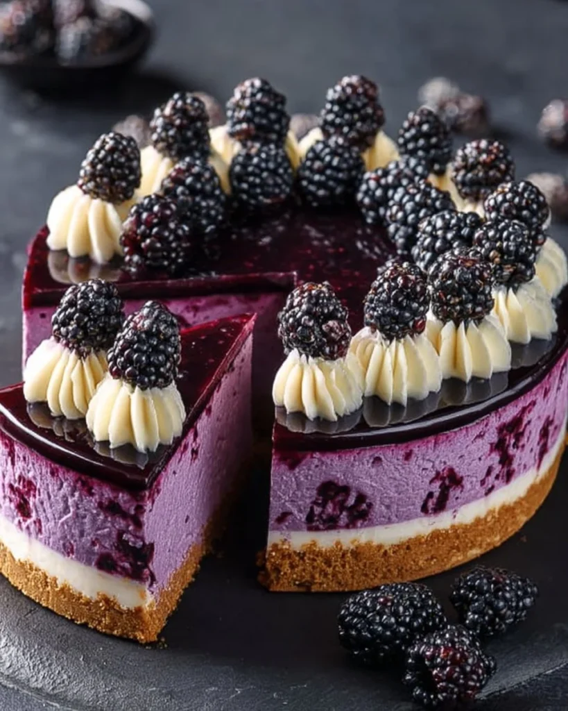 Delicious yogurt and blackberry cheesecake topped with fresh blackberries