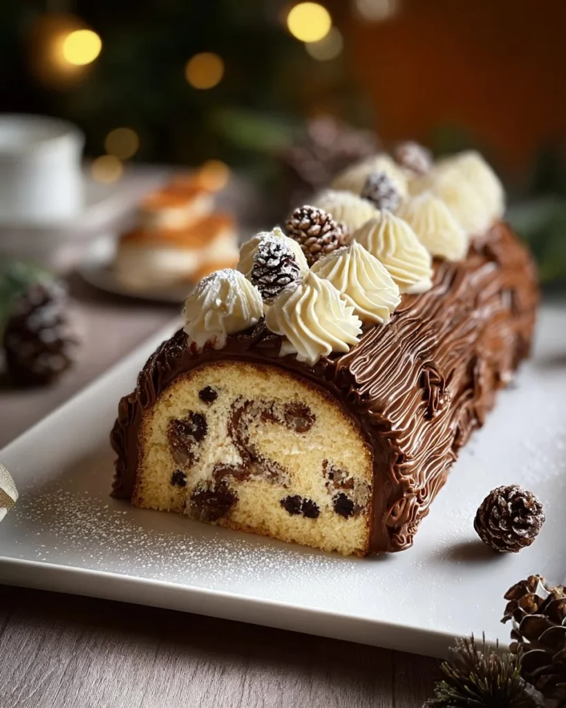 Delicious Yule Log Cake (Bûche de Noël) decorated with chocolate and festive accents.