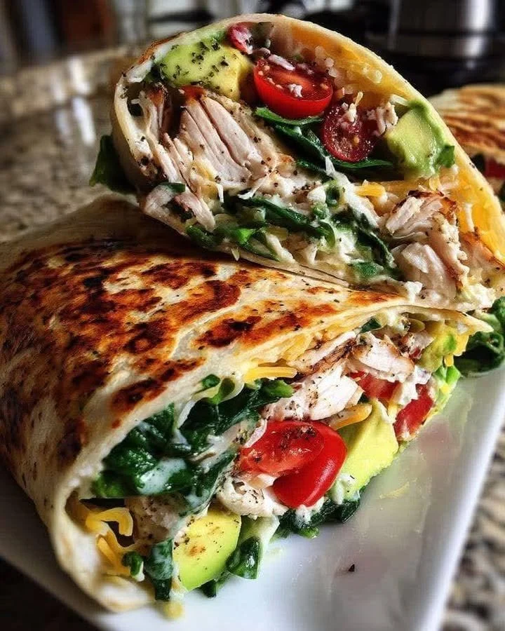Delicious chicken wraps filled with fresh green vegetables on a plate