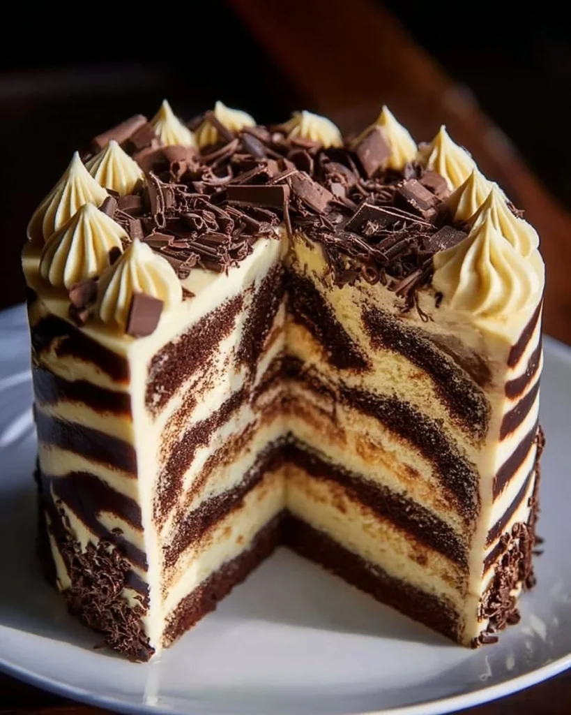 Delicious Zebra Cake with a striking marbled pattern and rich chocolate flavor
