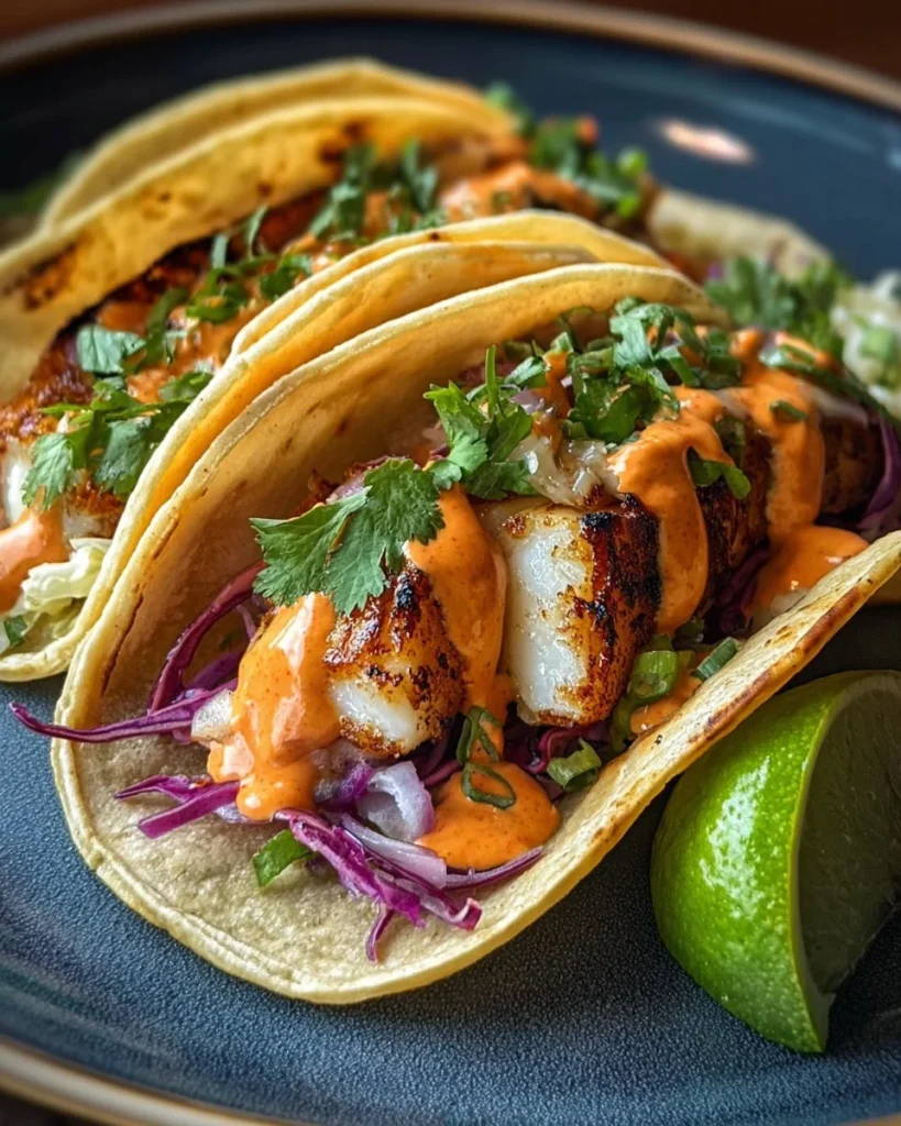 Zesty fish tacos with Sriracha lime sauce served on a plate