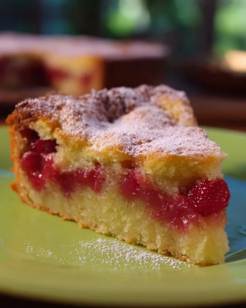 Zesty lemon and rhubarb layer cake with frosting and decorative slices.