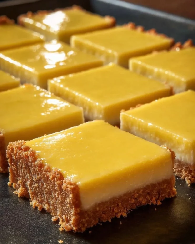 Delicious zesty lemon bars with a dusting of powdered sugar on a wooden surface.