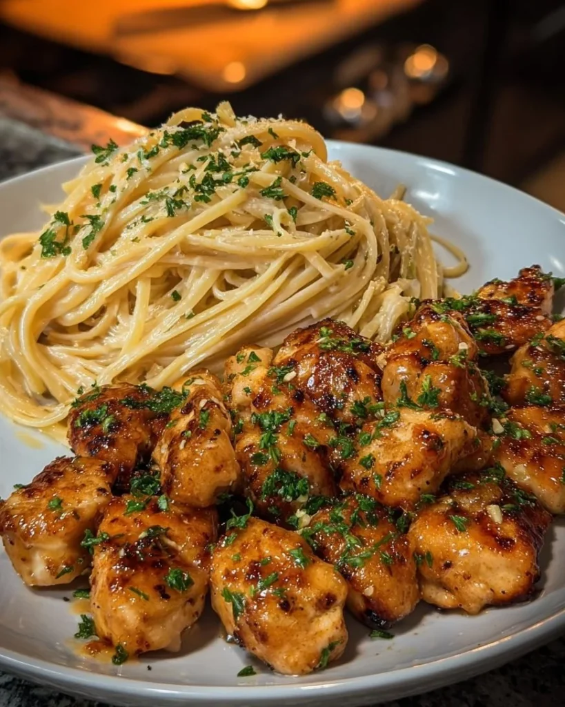 Delicious lemon butter chicken served with creamy parmesan linguine